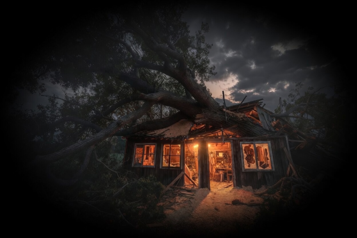 Fallen oak tree beside rustic workshop